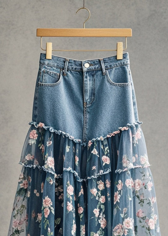 Pink Flower Print Patchwork Tulle Denim Skirt Fall