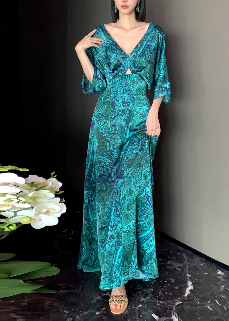Green V Neck Print Backless Silk Maxi Dresses Long Sleeve