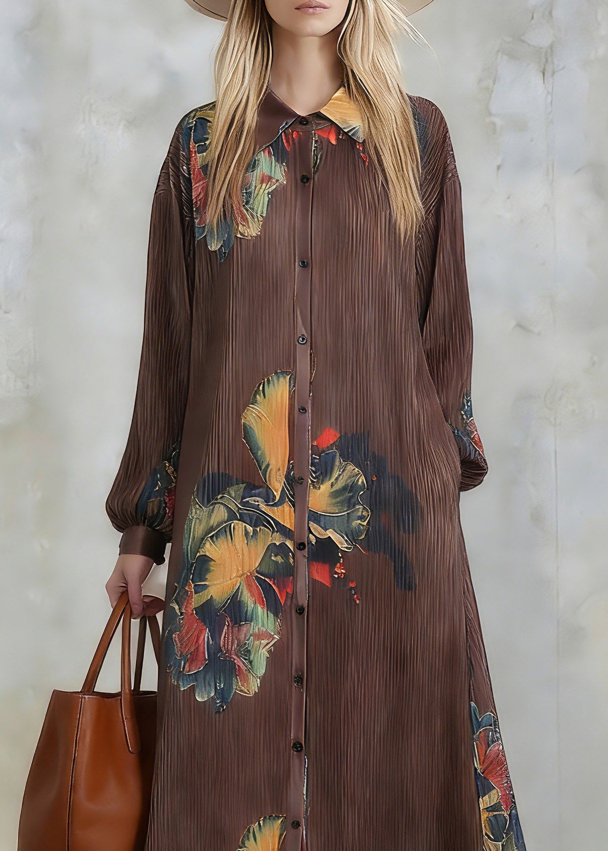 Loose Coffee Peter Pan Collar Print Maxi Dresses Lantern Sleeve