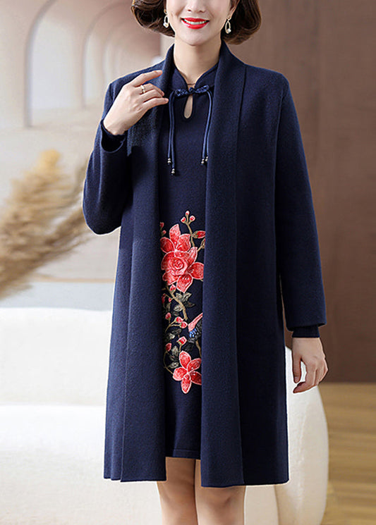 Black V Neck Button Woolen Cardigans and Mid Dress Two Pieces Set