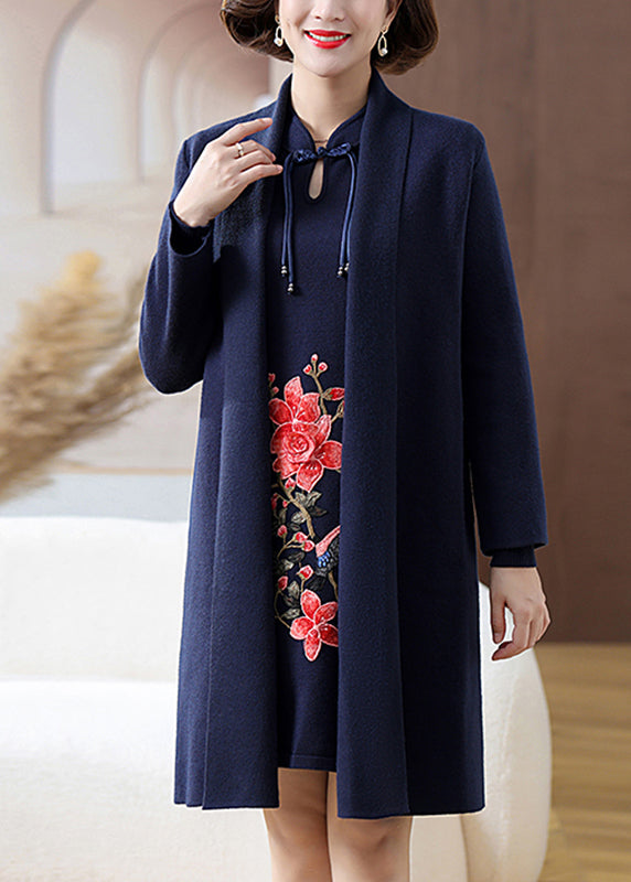 Black V Neck Button Woolen Cardigans and Mid Dress Two Pieces Set