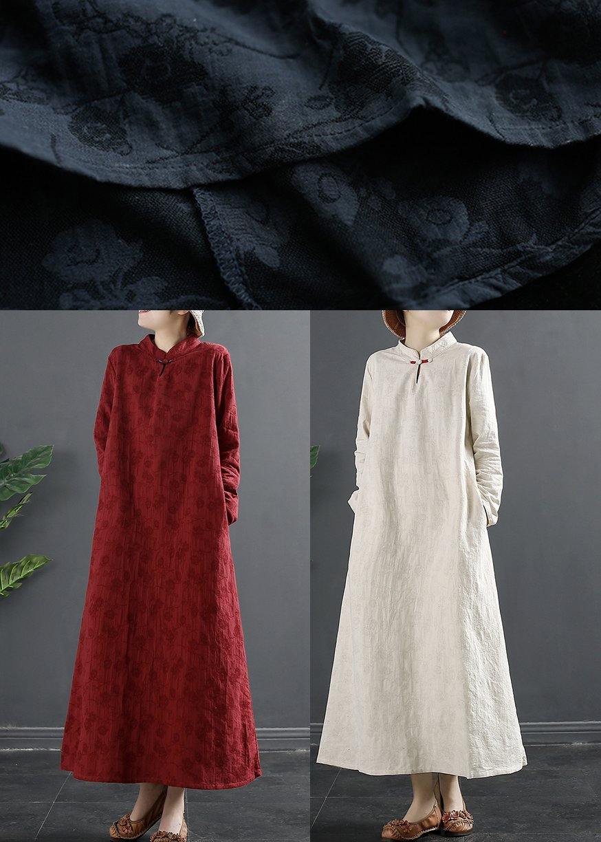 Italian Navy Embroidery Long Stand Collar Vestidos De Lino Dresses
