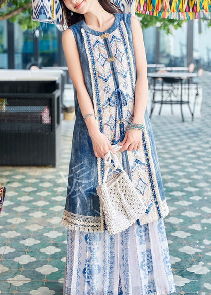 French Blue Lace Up Side Open Patchwork Denim Two Pieces Set Sleeveless