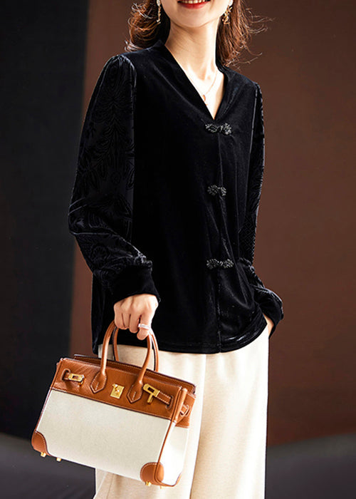 Black V Neck Button Silk Velour Tops Long Sleeve