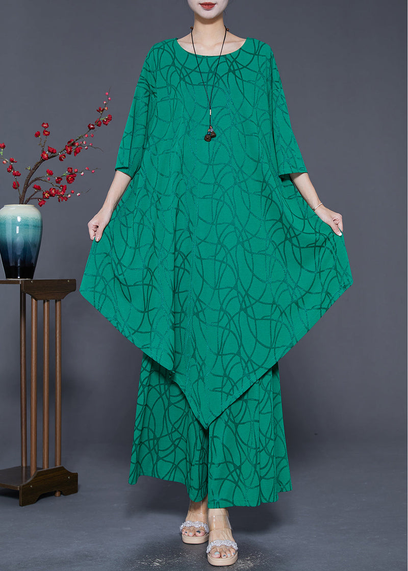 Green Asymmetrical Design Silk Two Pieces Set Summer