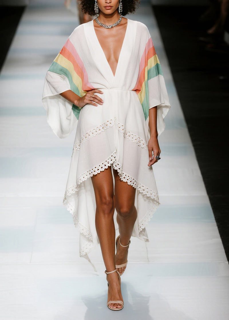 V Neck Asymmetrical Design Patchwork Cotton Dresses Summer
