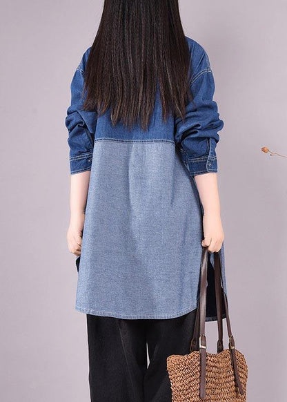 Denim Light Blue Long Shirts Lapel Patchwork Oversized Blouse