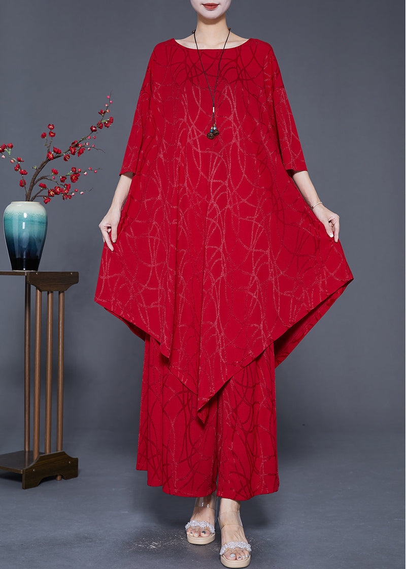 Red Asymmetrical Oversized Silk Two Pieces Set Summer