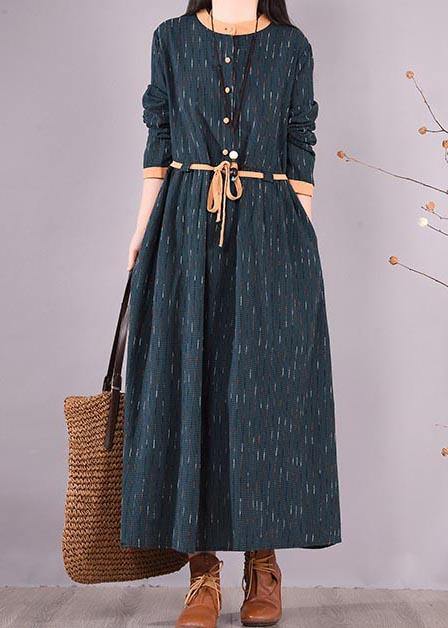 Blue Striped Quilting Clothes O Neck Tie Waist Long Spring Dresses