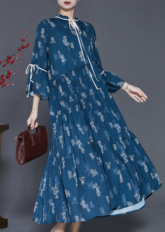 Navy Print Exra Large Hem Cotton Dresses Spring