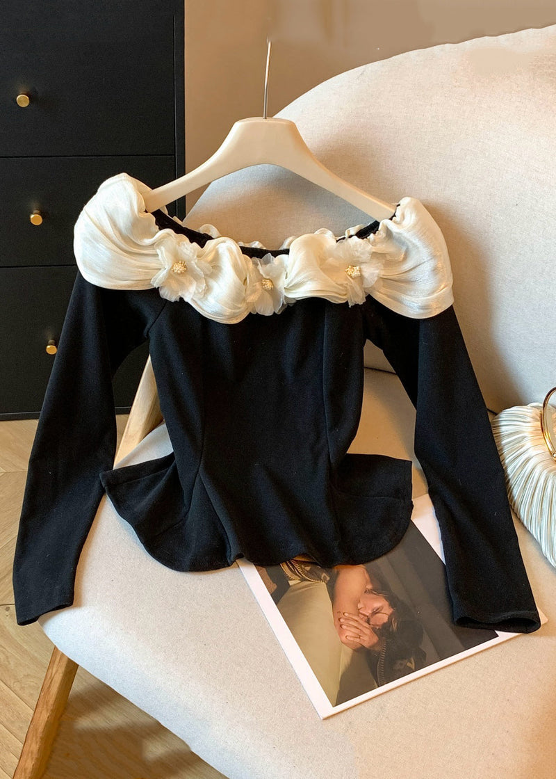 Black Slash Neck Patchwork Cotton T Shirt Fall
