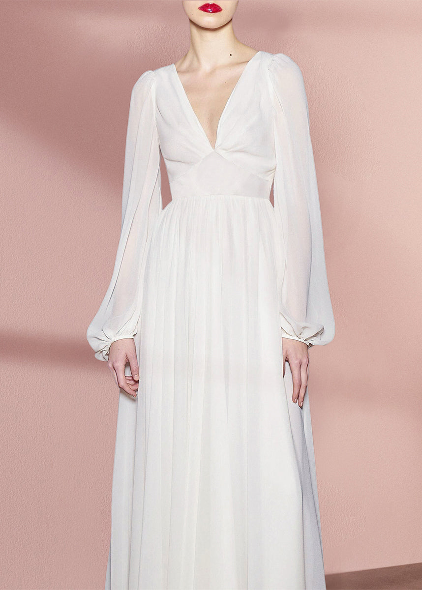 White V Neck High Waist Chiffon Holiday Dress Fall