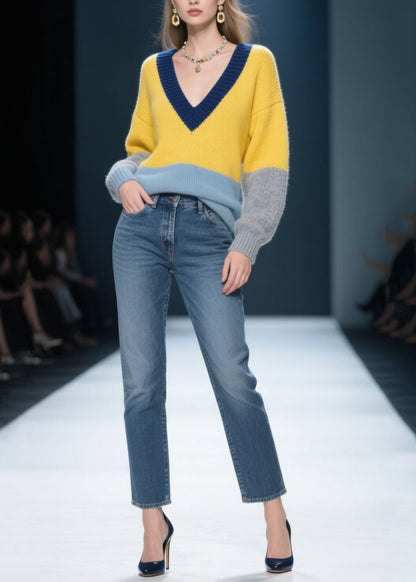 Yellow V Neck Patchwork Knit Pullover Winter
