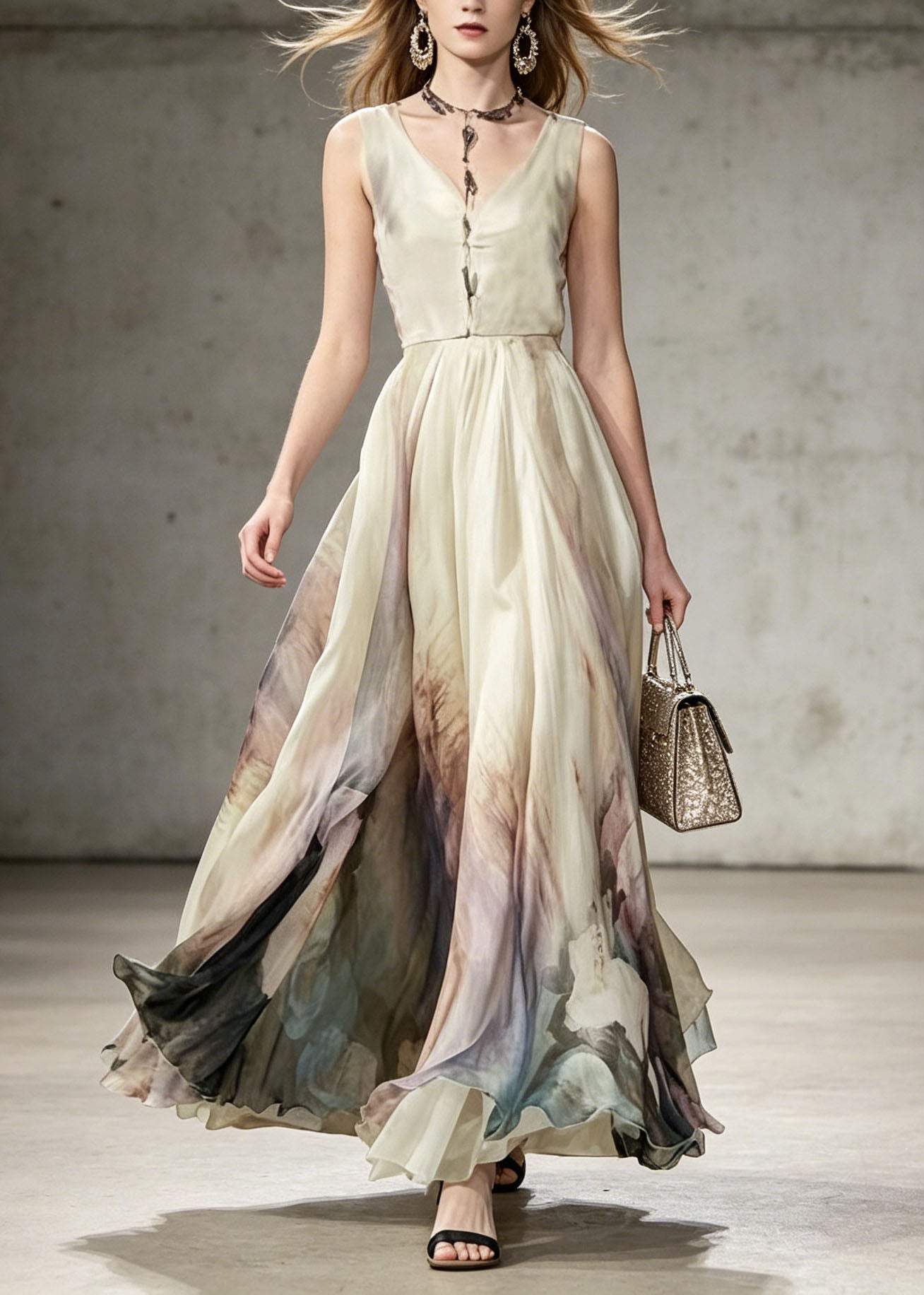 V Neck Tie Dye Chiffon Maxi Dresses Sleeveless