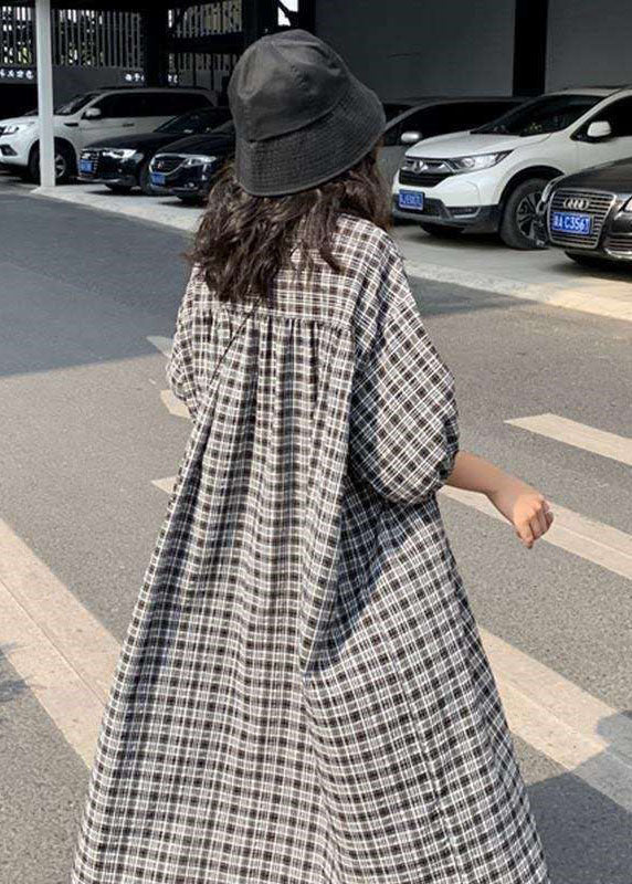 Black Cinched Plaid Cotton Maxi Dresses Half Sleeve