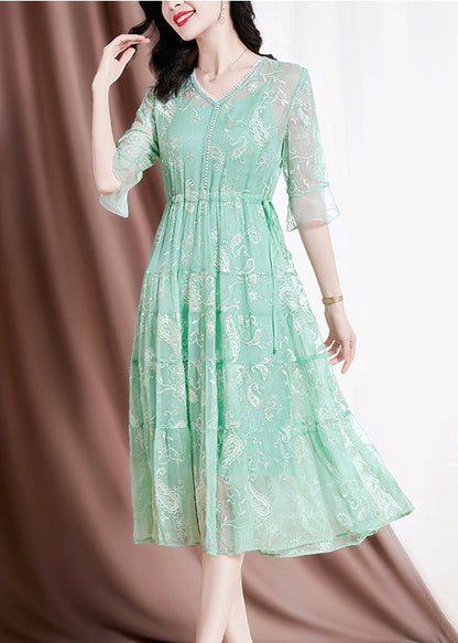 Green V Neck Embroideried Drawstring Silk Vacation Dresses Flare Sleeve