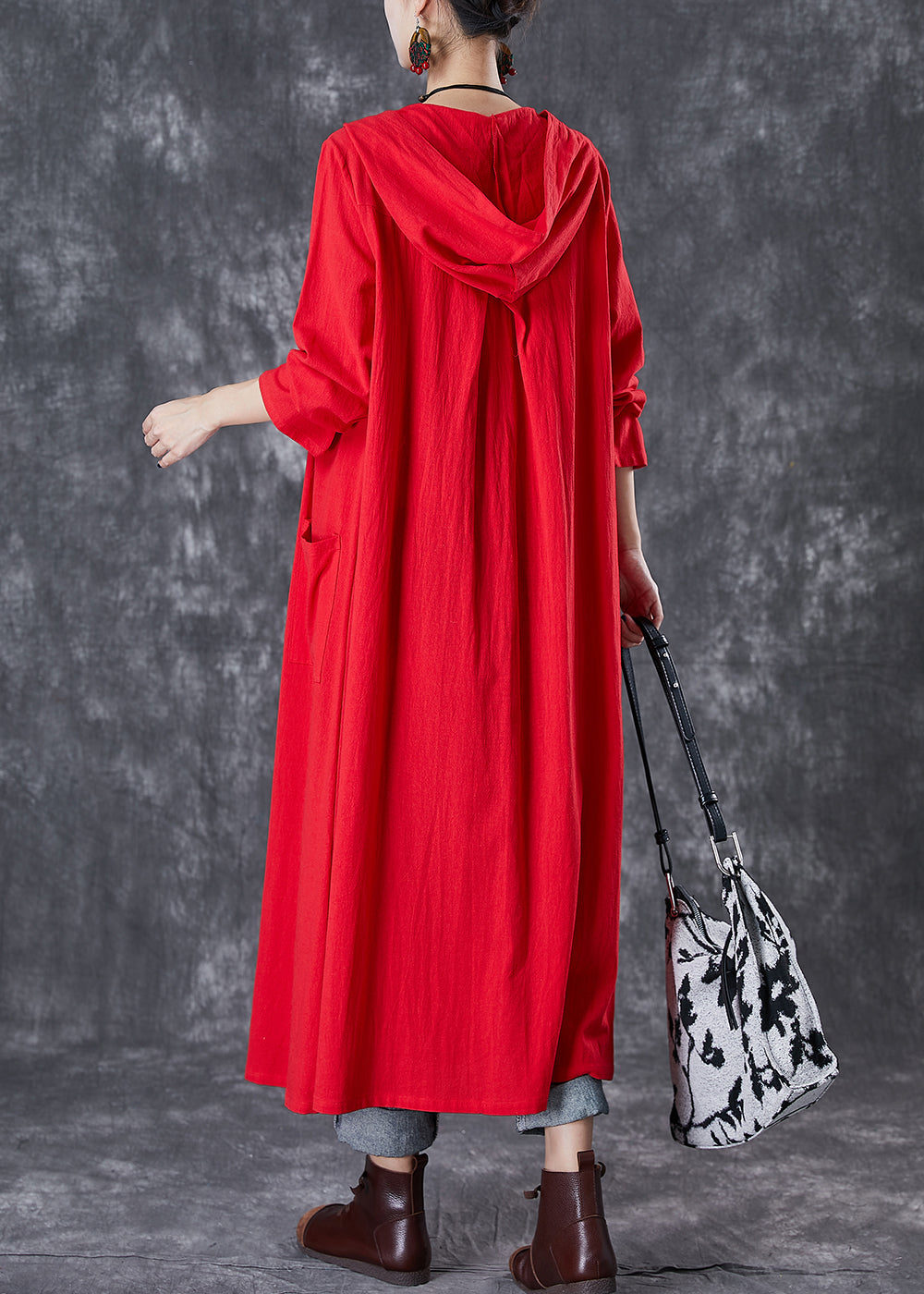 Black Oversized Cotton Coat Outwear Hooded Chinese Button Fall