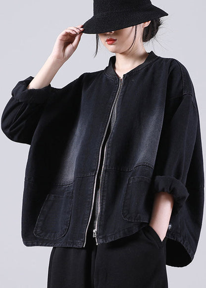 Loose Black Zippered Pockets Patchwork Fall Denim Long Sleeve Coat