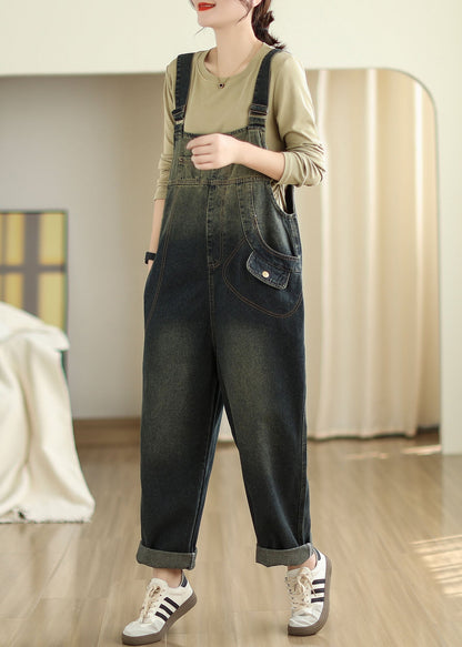 Slash Neck Pockets Patchwork Denim Jumpsuits Fall