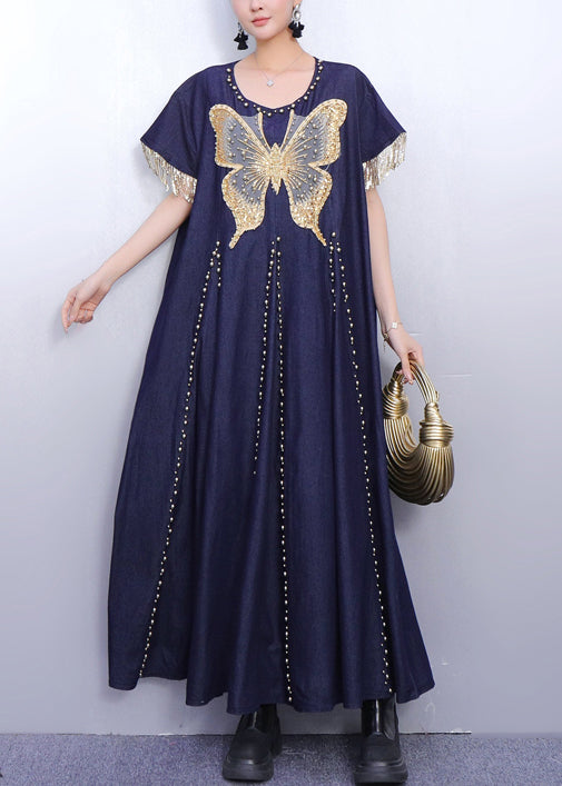 Navy Tasseled Butterfly Denim Vacation Dresses Summer