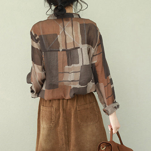 French V Neck Chiffon Shirts Photography Brown Plaid Box Shirt