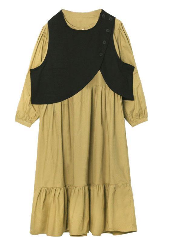 Khaki Patchwork Button Fall Maxi Dress Long Sleeve