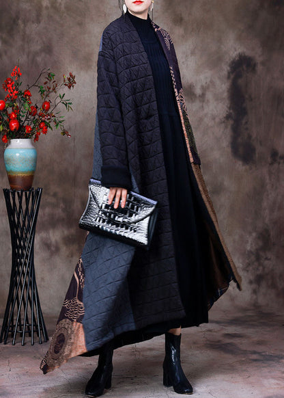 Handmade Chocolate Black Asymmetrical Patchwork Fine Cotton Filled Witner Coats