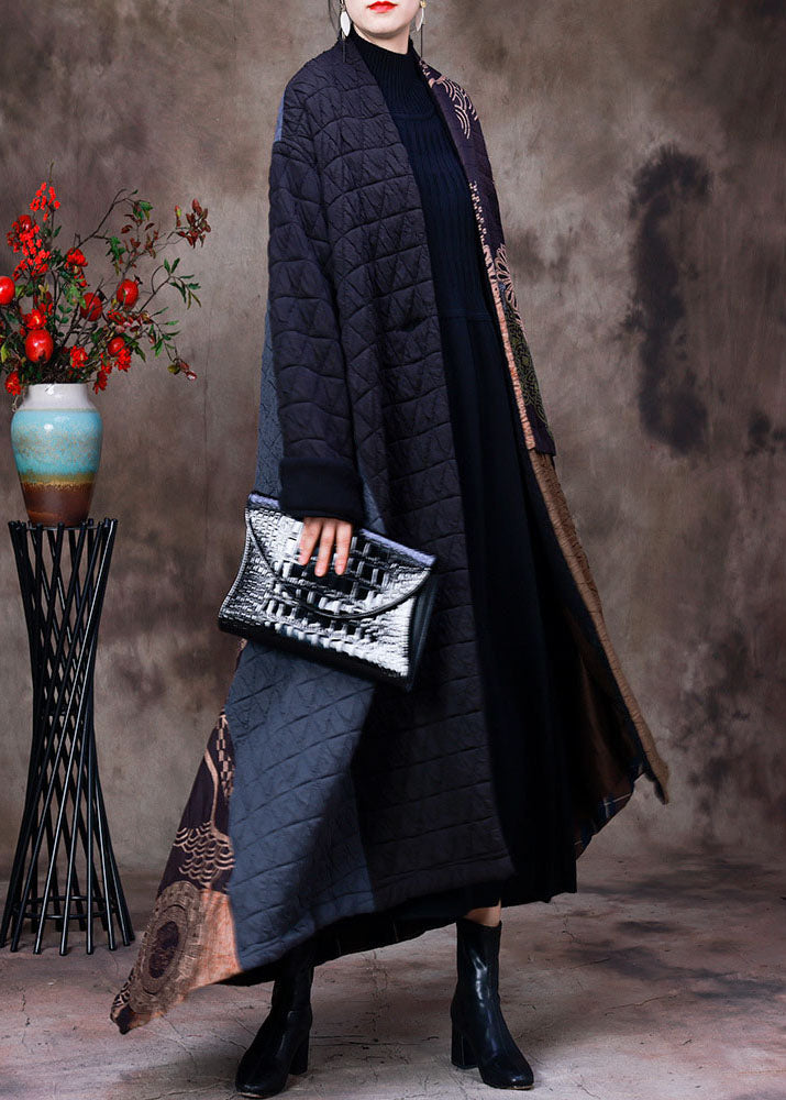 Handmade Chocolate Black Asymmetrical Patchwork Fine Cotton Filled Witner Coats