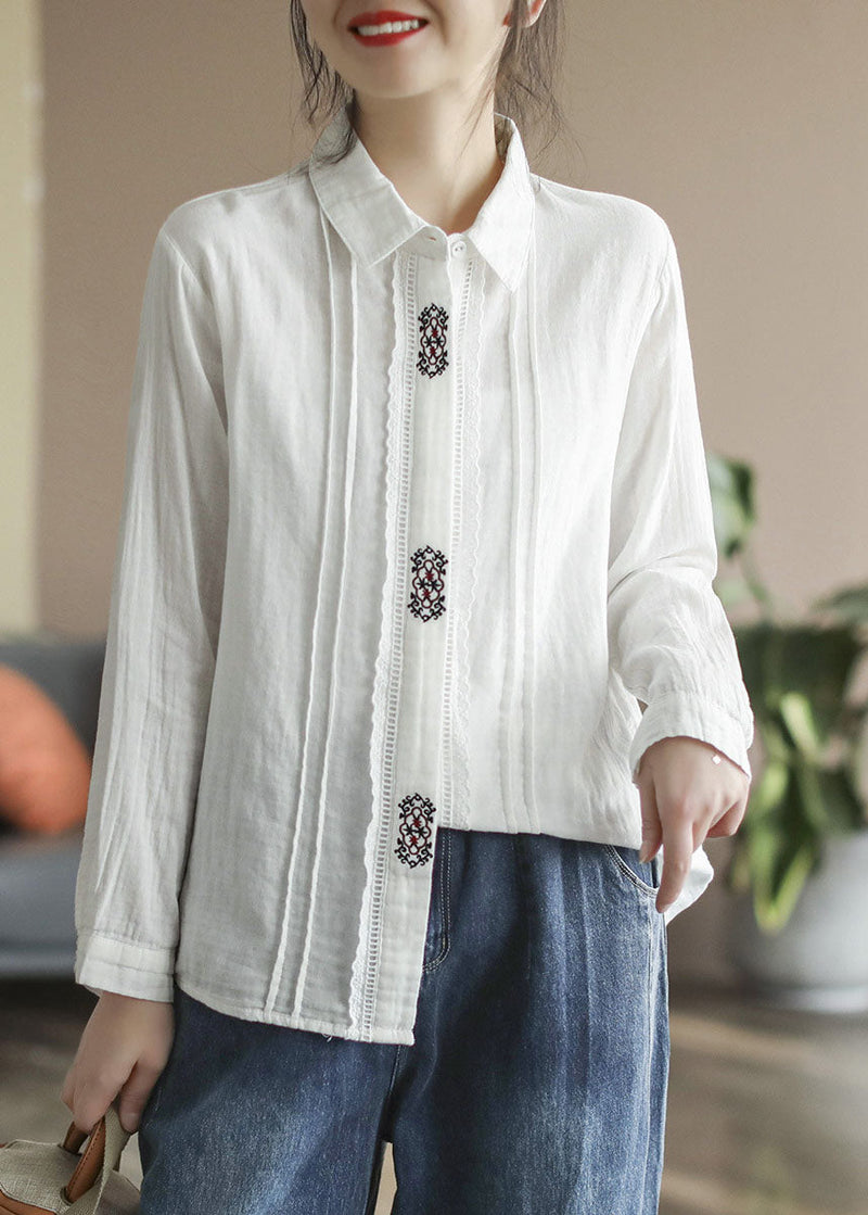 Art White Peter Pan Collar Button Embroideried Cotton Shirt Tops Spring