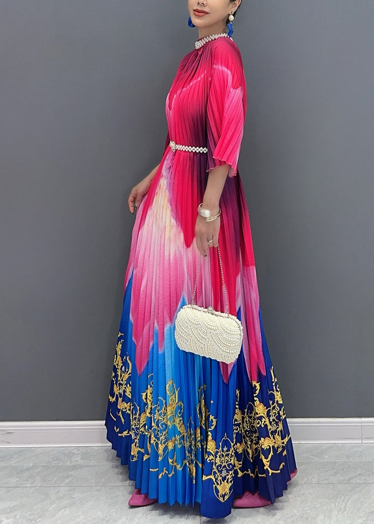 Red Blue Patchwork Print Sashes Maxi Dresses Half Sleeve
