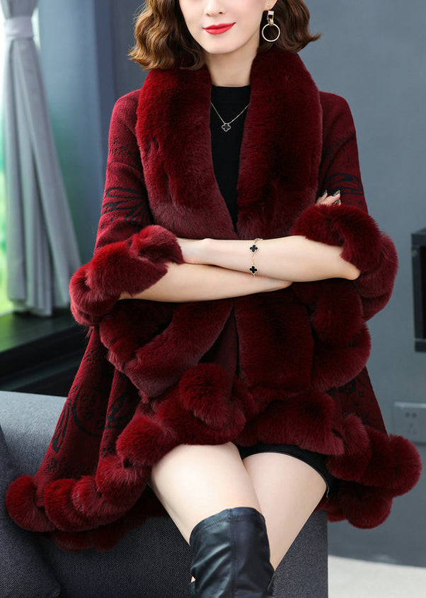 Wine Red Fur Collar Print Patchwork Woolen Coat Fall