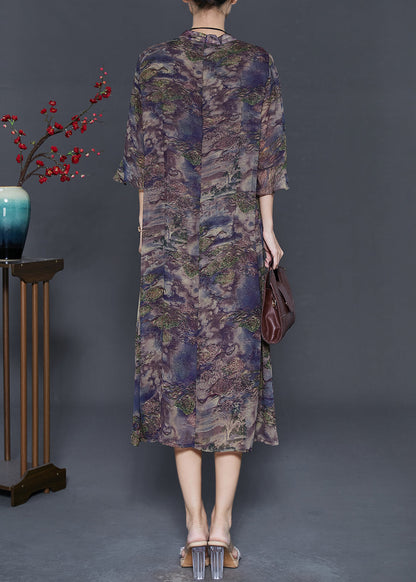 Purple Print Silk Fake Two Piece Dresses Bracelet Sleeve