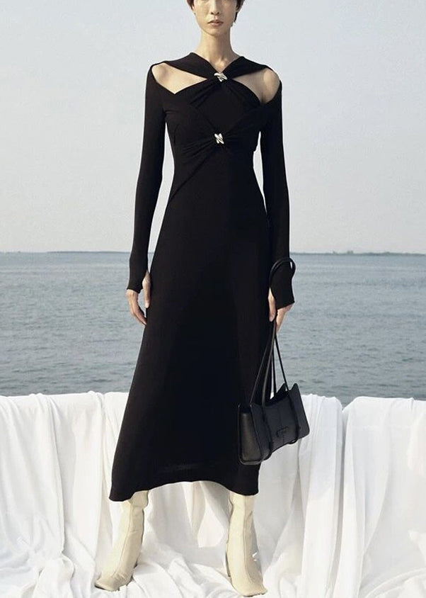 Slim Fit White Hollow Out Knitting Cotton Long Dresses Fall