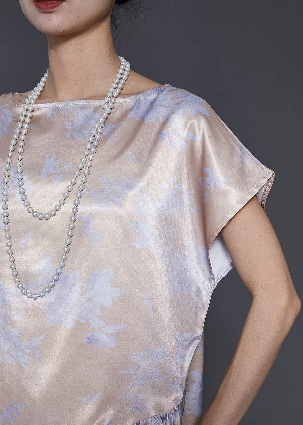 Apricot Asymmetrical Patchwork Print Draping Silk Two Pieces Set Summer