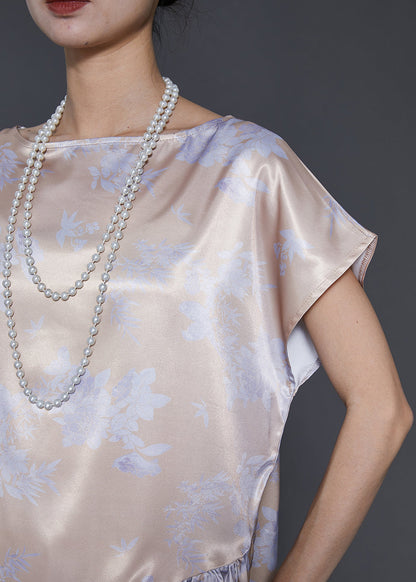 Apricot Asymmetrical Patchwork Print Draping Silk Two Pieces Set Summer