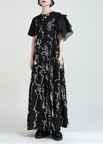 Black Print Asymmetrical Design a Line Dress Sleeveless