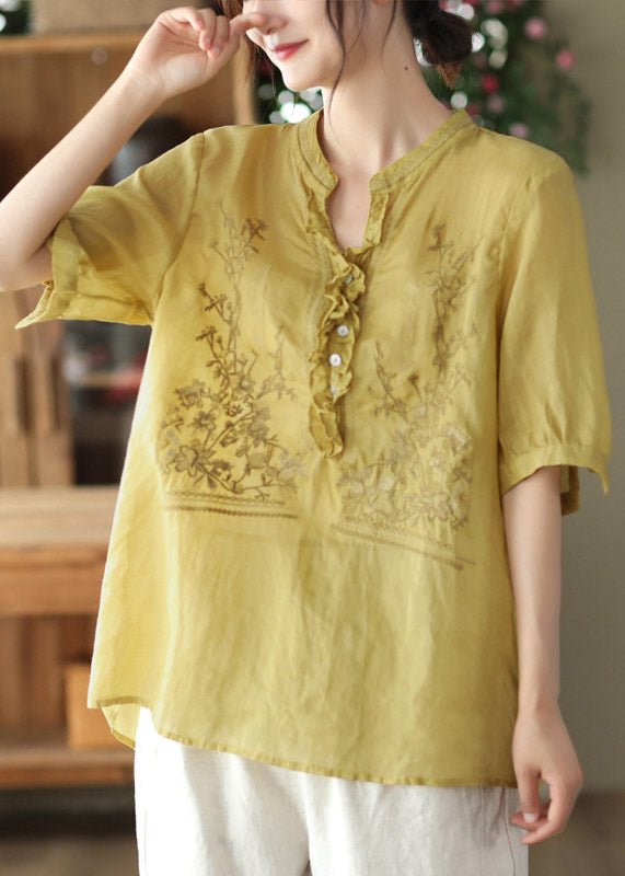 Yellow V Neck Embroideried Linen T Shirt Short Sleeve