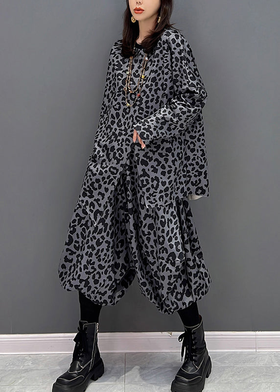 Dark Gray O-neck Asymmetrical Print Top and Harem Pants Two Piece Set Fall