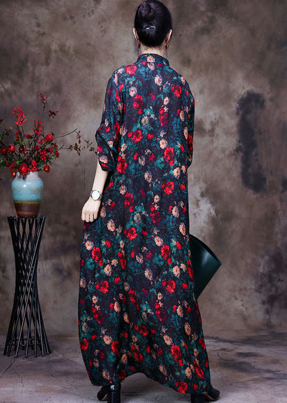 Black Stand Collar Print Side Open Silk Long Dresses Long Sleeve
