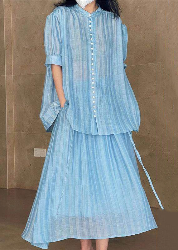 Loose Blue Button Blouses and Skirts Two Pieces Set Summer