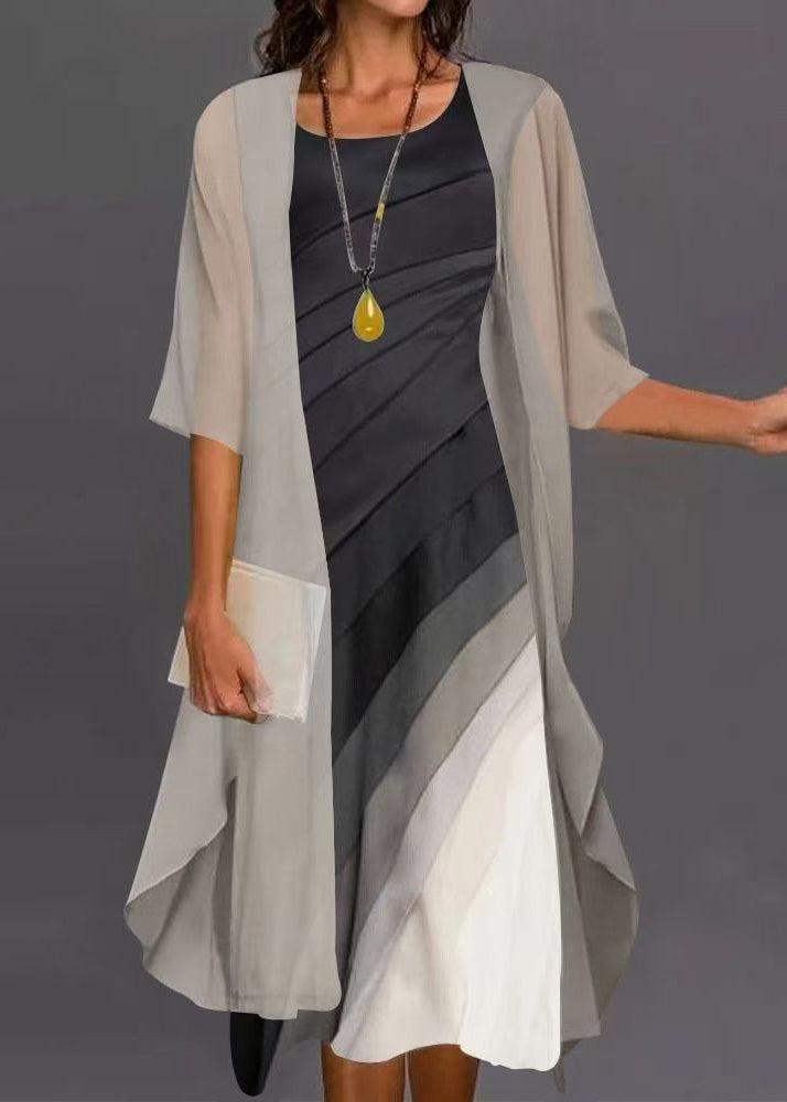Black O-neck Cardigans and Dress Two Pieces Set Half Sleeve