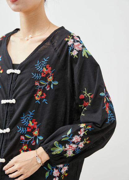 Black Embroideried Chinese Button Cotton Sets 2 Pieces Fall