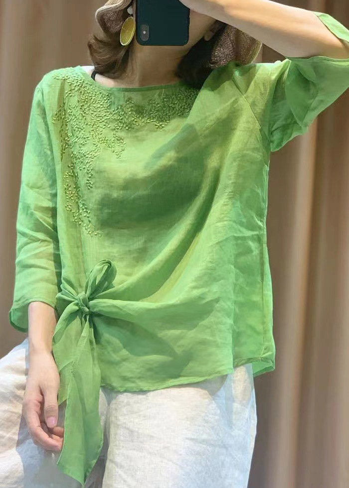 Novelty Purple O-neck Embroideried Tie Waist Linen Top Long Sleeve