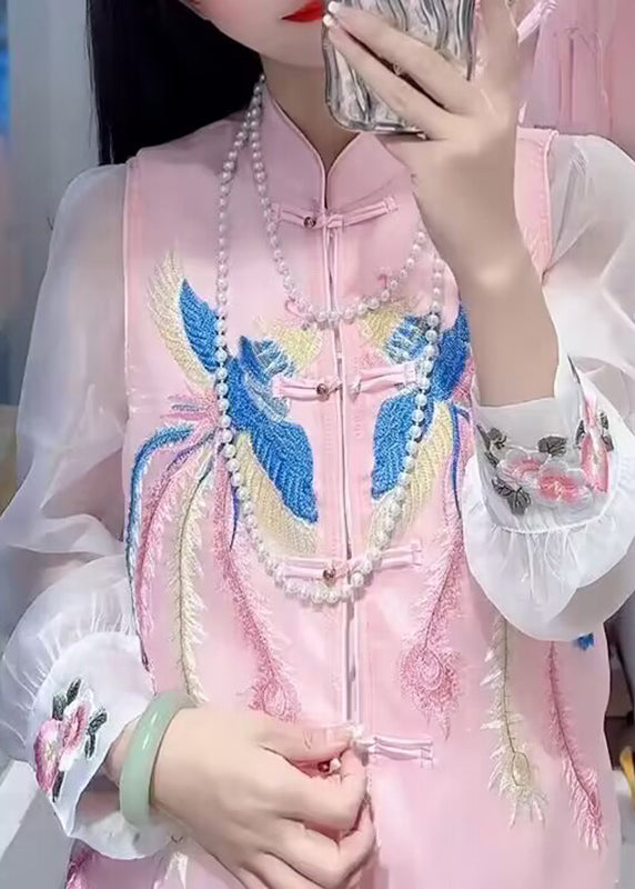 Diy White Embroideried Button Chiffon Waistcoat and Shirts Two Piece Set