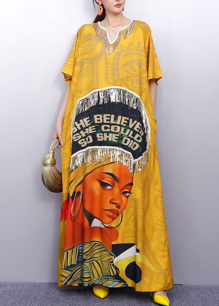 Yellow Tasseled Print Cotton Maxi Dress Summer