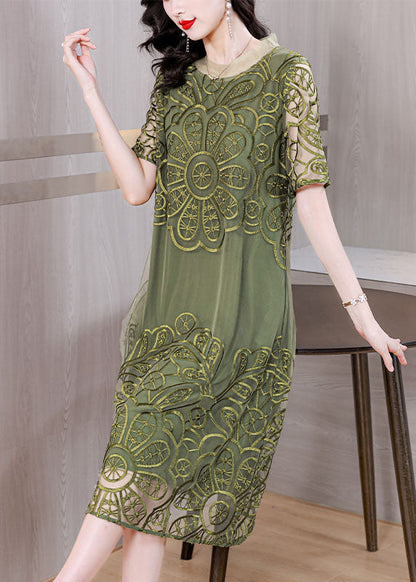 Green Embroideried Ruffled Tulle Long Dresses Short Sleeve
