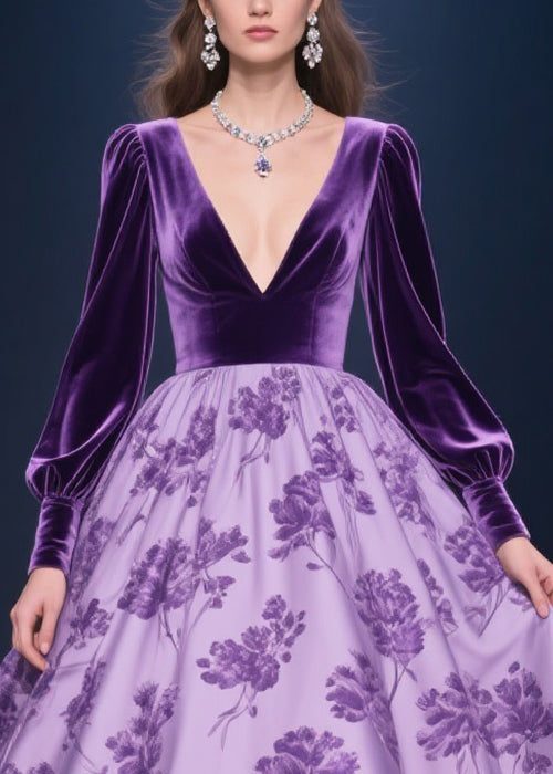 Purple Silk Velvet Patchwork Print Lace Long Dress V Neck Spring