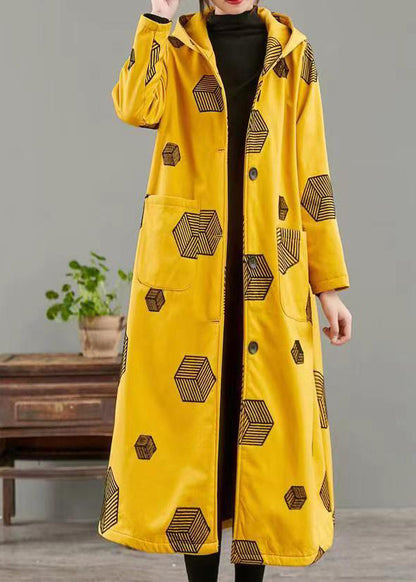Yellow Hooded Pockets Print Warm Fleece Coat Winter