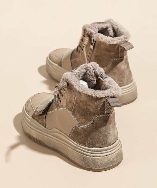 Lace Up Splicing Platform Boots Khaki Faux Leather Fuzzy Wool Lined