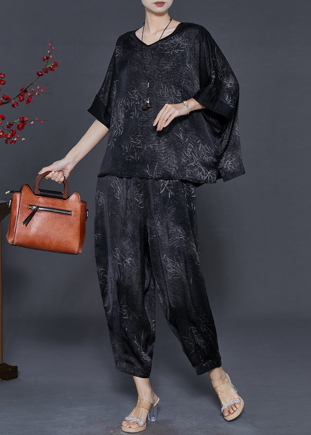 Black Print Silk Two Piece Set Clothing Oversized Summer